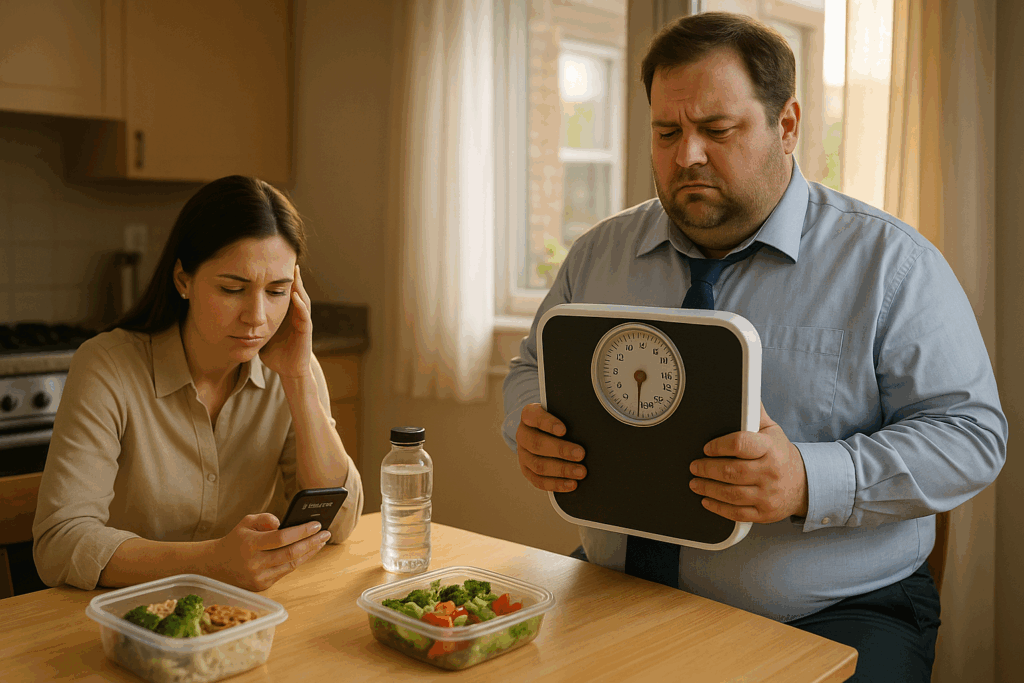 Pareja en la cocina, frustrados al revisar su peso y calorías a pesar de comer saludable, simbolizando el esfuerzo sin resultados al intentar bajar de peso.